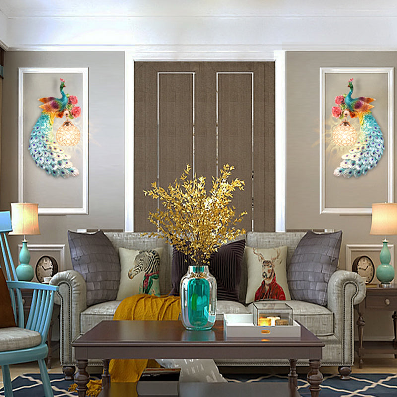 1/2-Pack Blue/Green Peacock Wall Light Fixture 8"/10" Wide 1 Head Retro Style Resin Wall Lamp with Crystal Global Shade, Left/Right