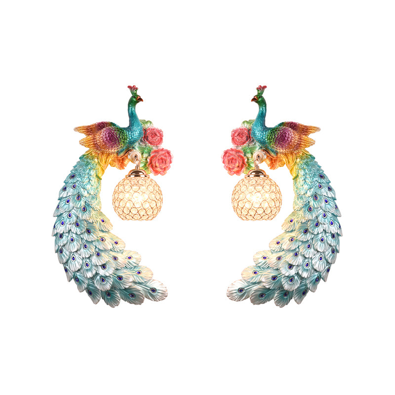 1/2-Pack Blue/Green Peacock Wall Light Fixture 8"/10" Wide 1 Head Retro Style Resin Wall Lamp with Crystal Global Shade, Left/Right