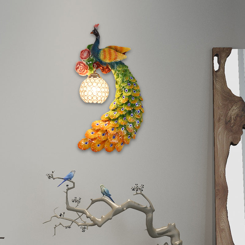 1/2-Pack Blue/Green Peacock Wall Light Fixture 8"/10" Wide 1 Head Retro Style Resin Wall Lamp with Crystal Global Shade, Left/Right