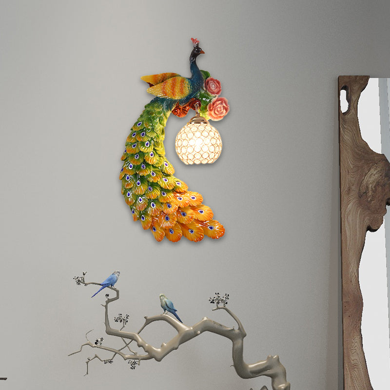 1/2-Pack Blue/Green Peacock Wall Light Fixture 8"/10" Wide 1 Head Retro Style Resin Wall Lamp with Crystal Global Shade, Left/Right