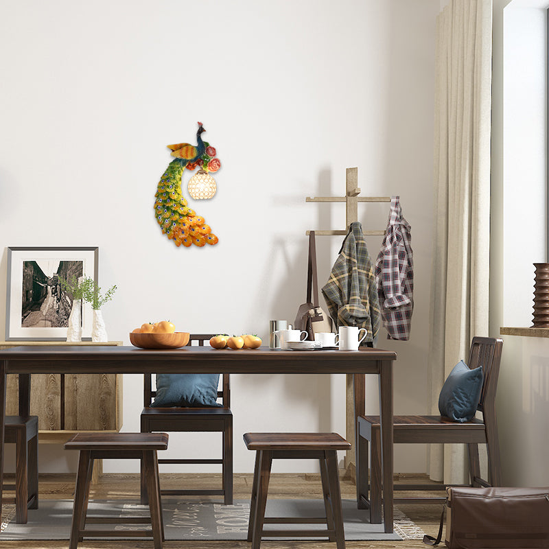 1/2-Pack Blue/Green Peacock Wall Light Fixture 8"/10" Wide 1 Head Retro Style Resin Wall Lamp with Crystal Global Shade, Left/Right