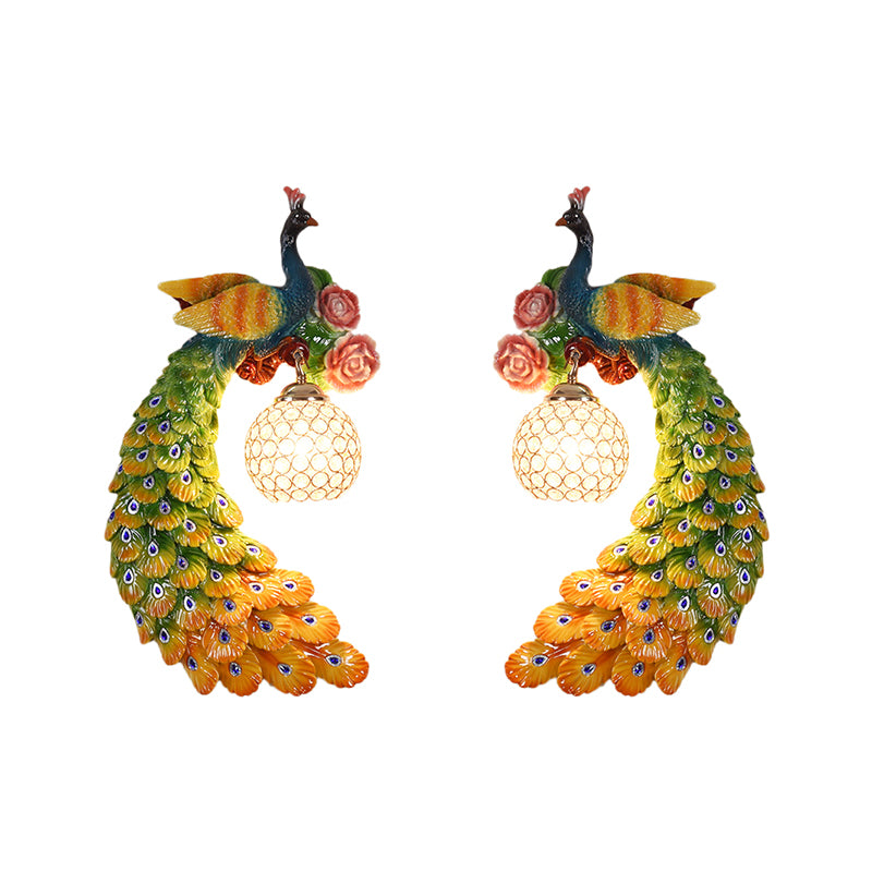 1/2-Pack Blue/Green Peacock Wall Light Fixture 8"/10" Wide 1 Head Retro Style Resin Wall Lamp with Crystal Global Shade, Left/Right