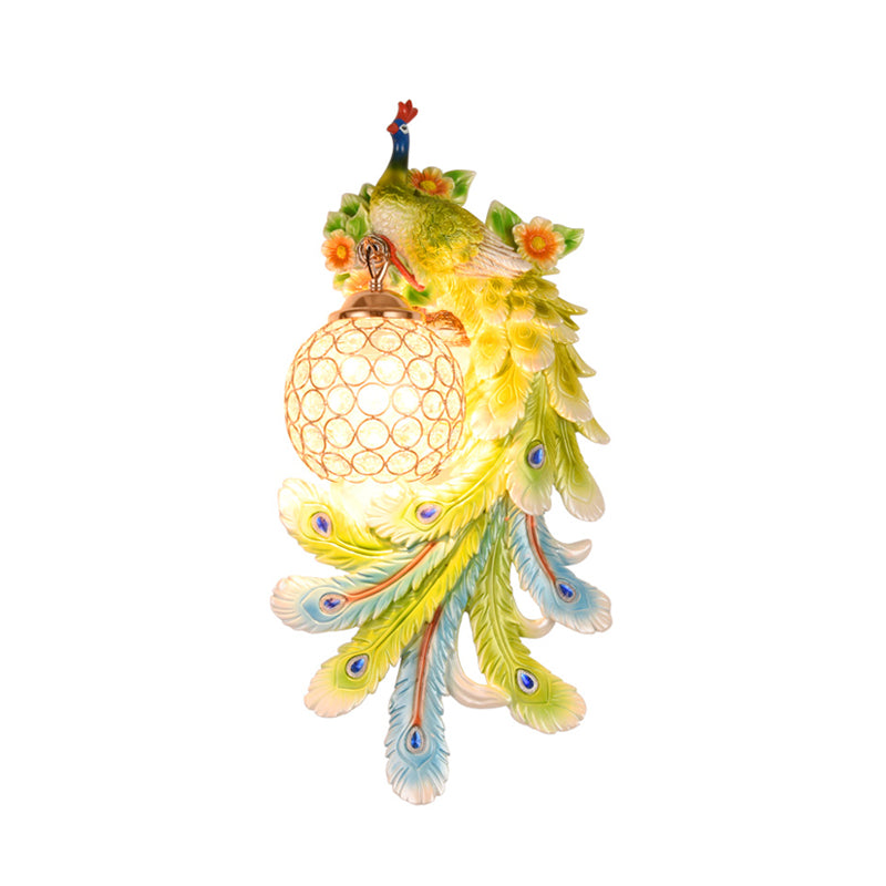 Lámpara de cristal y resina de luz de luz de pared abovedada con placa de pavo real izquierda/derecha en oro/verde, 1/2 paquetes