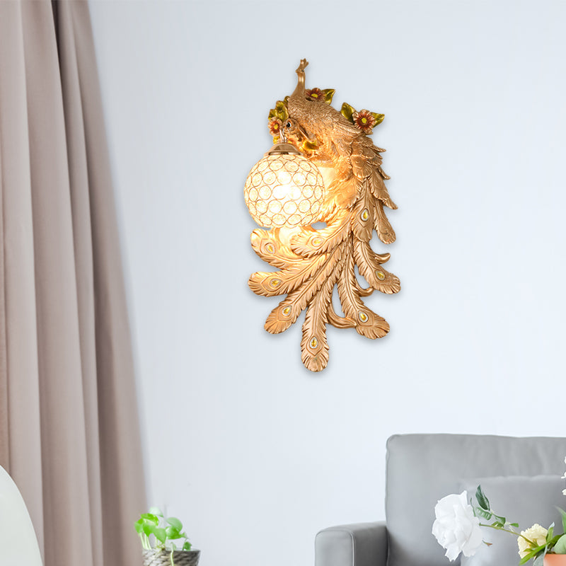 Lámpara de cristal y resina de luz de luz de pared abovedada con placa de pavo real izquierda/derecha en oro/verde, 1/2 paquetes