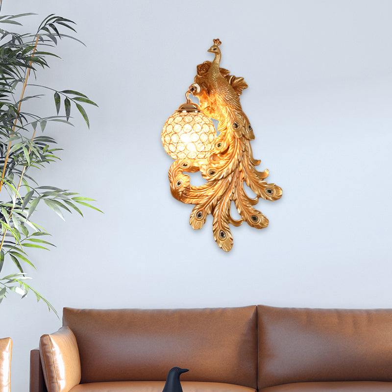 1 Light Blue/Gold Peacock Wall Lamp Country Resin 1/2-Pack Sconce Lighting with Crystal Globe Shade, Double/Right/Left