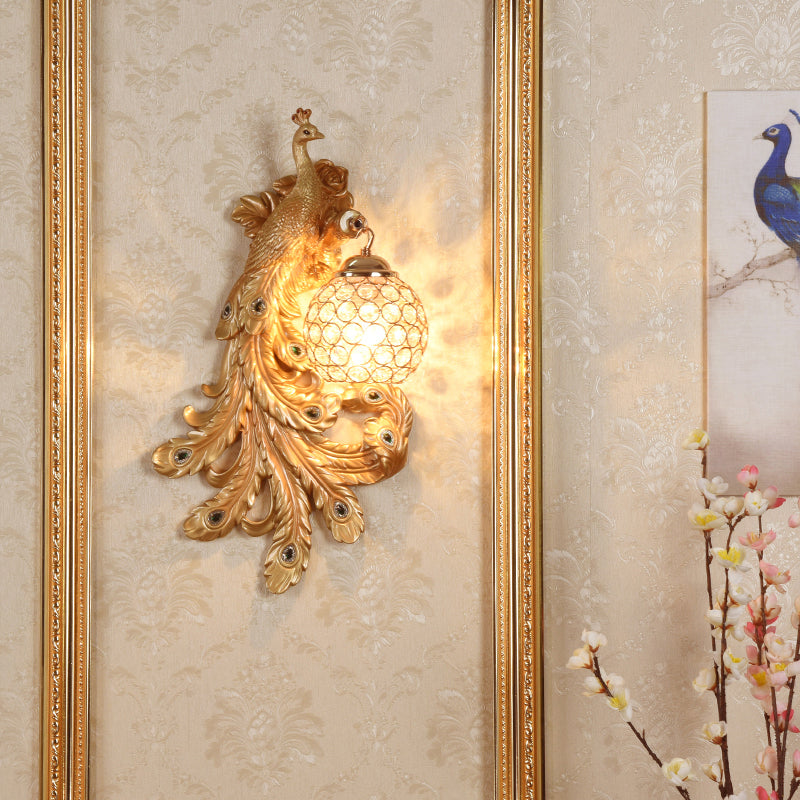 1 Light Blue/Gold Peacock Wall Lamp Country Resin 1/2-Pack Sconce Lighting with Crystal Globe Shade, Double/Right/Left