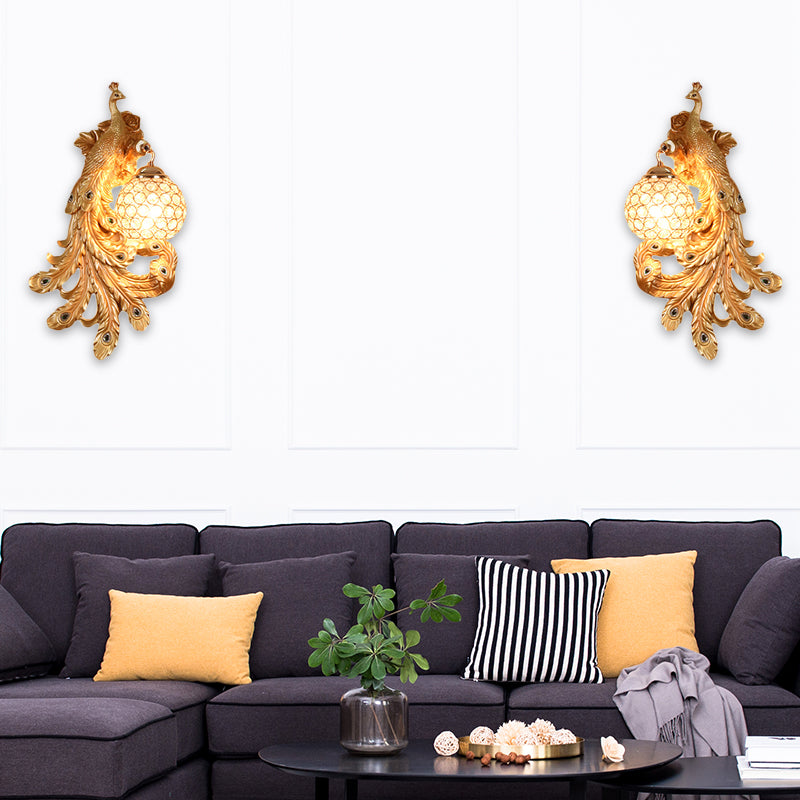 1 Light Blue/Gold Peacock Wall Lamp Country Resin 1/2-Pack Sconce Lighting with Crystal Globe Shade, Double/Right/Left
