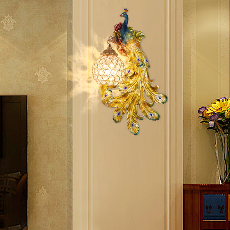 1 Light Blue/Gold Peacock Wall Lamp Country Resin 1/2-Pack Sconce Lighting with Crystal Globe Shade, Double/Right/Left