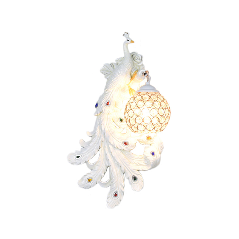 1 Light Blue/Gold Peacock Wall Lamp Country Resin 1/2-Pack Sconce Lighting with Crystal Globe Shade, Double/Right/Left