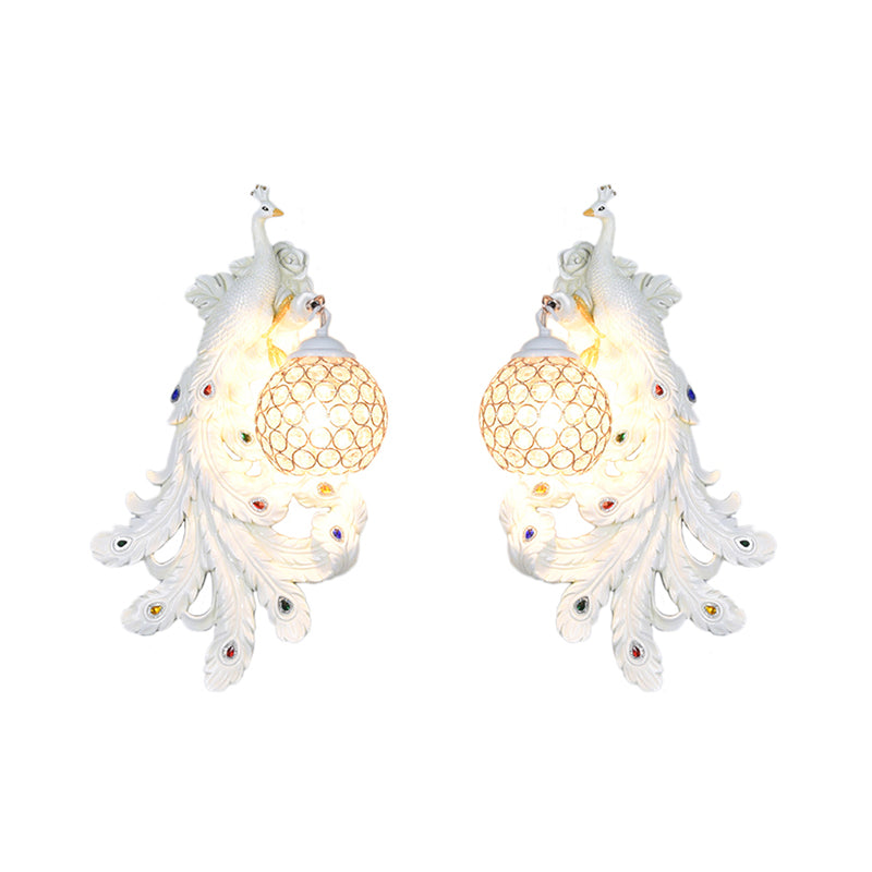 1 Light Blue/Gold Peacock Wall Lamp Country Resin 1/2-Pack Sconce Lighting with Crystal Globe Shade, Double/Right/Left