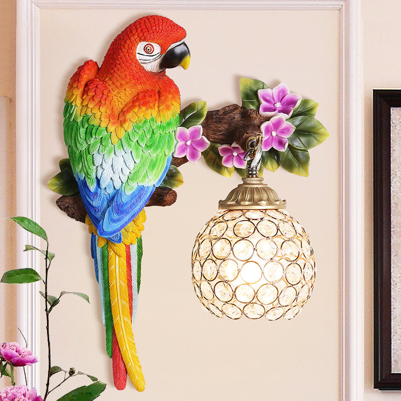Loft Style Parrot Wall Sconce Resin 1 Head Wall Lighting with Dome Crystal Lampshade in Gold Finish, Right/Left