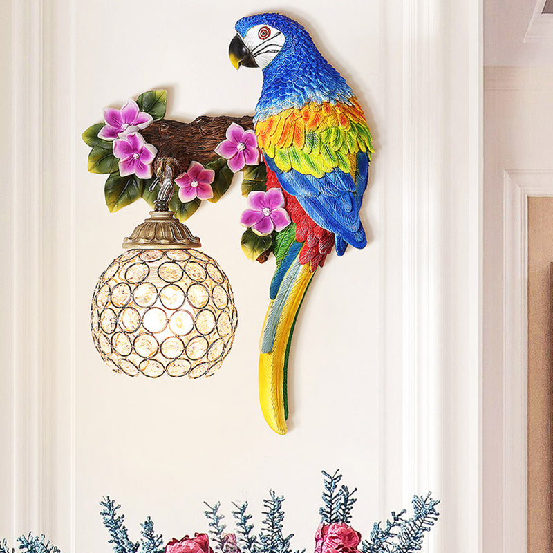 Loft Style Parrot Wall Sconce Resin 1 Head Wall Lighting with Dome Crystal Lampshade in Gold Finish, Right/Left