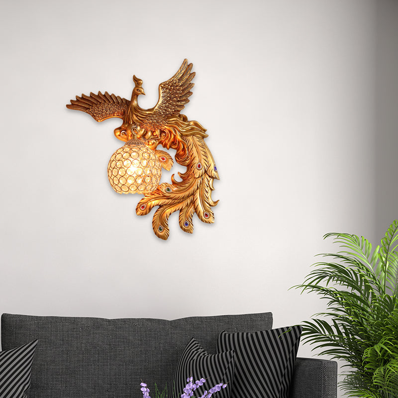Lodge Style Phoenix Sconce Lighting Resin 1 Light Wall Lamp with Dome Crystal Shade in Gold