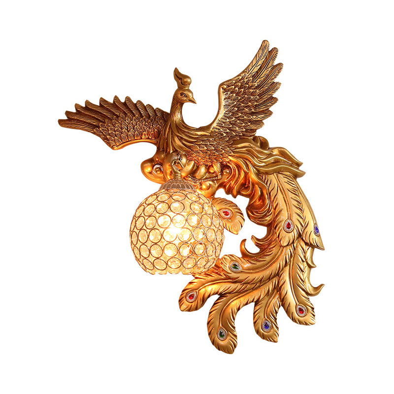 Lodge Style Phoenix Sconce Lighting Resin 1 Light Wall Lamp with Dome Crystal Shade in Gold