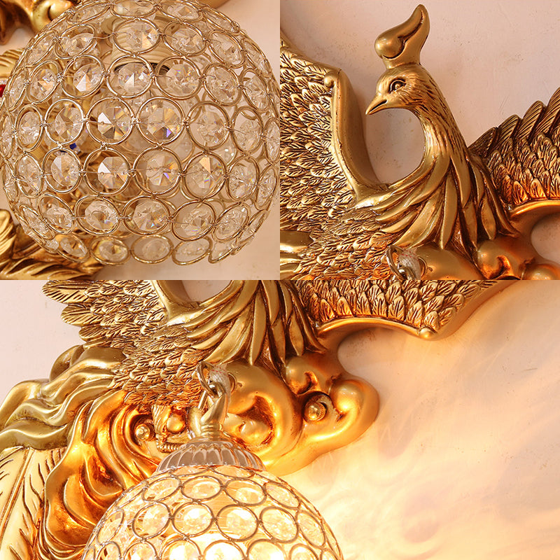 Lodge Style Phoenix Sconce Lighting Resin 1 Light Wall Lamp with Dome Crystal Shade in Gold