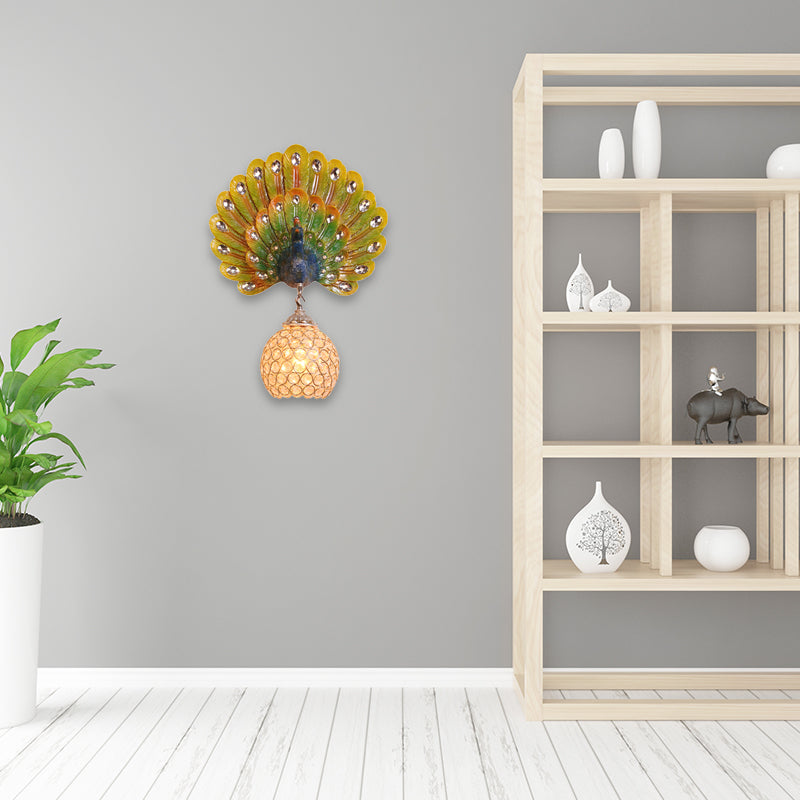 Retro Stylish Global Wall Light Sconce Clear Crystal 1 Light Wall Lamp with Peacock Backplate in Silver/White