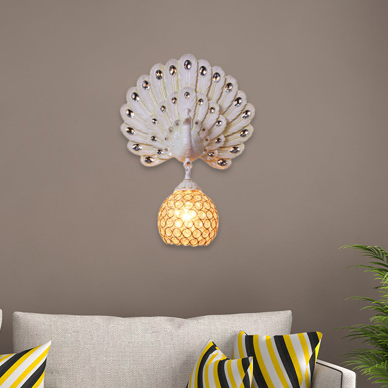 Retro Stylish Global Wall Light Sconce Clear Crystal 1 Light Wall Lamp with Peacock Backplate in Silver/White
