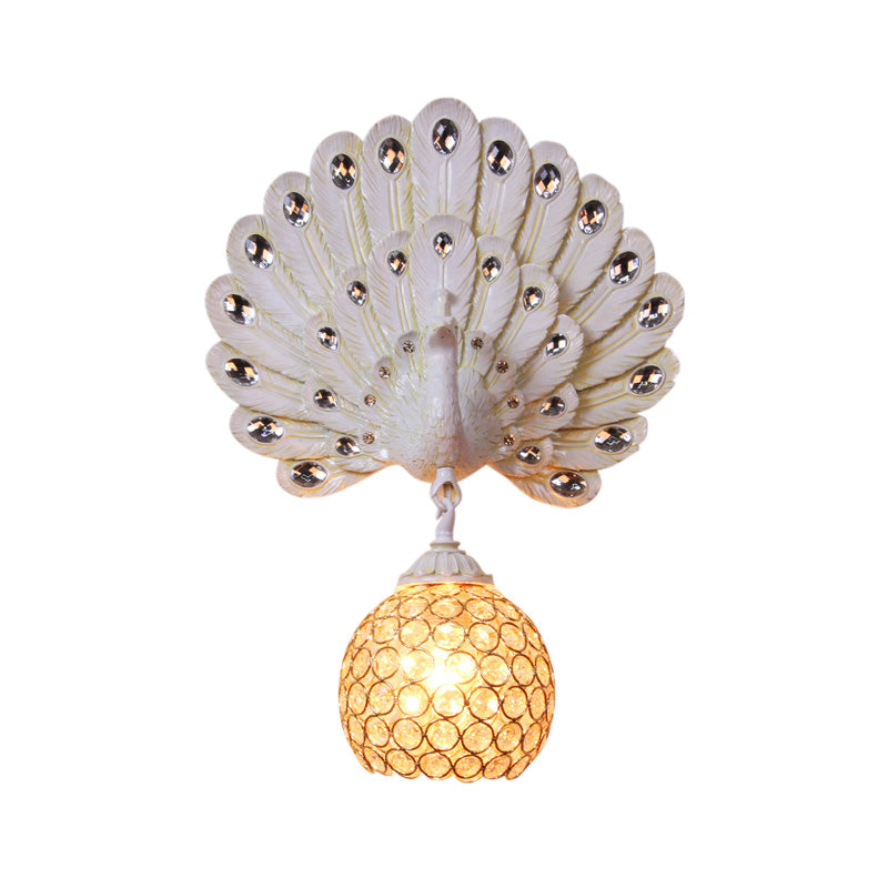 Retro Stylish Global Wall Light Sconce Clear Crystal 1 Light Wall Lamp with Peacock Backplate in Silver/White