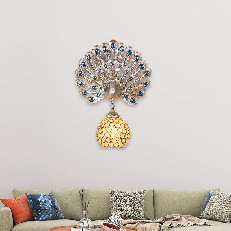 Retro Stylish Global Wall Light Sconce Clear Crystal 1 Light Wall Lamp with Peacock Backplate in Silver/White