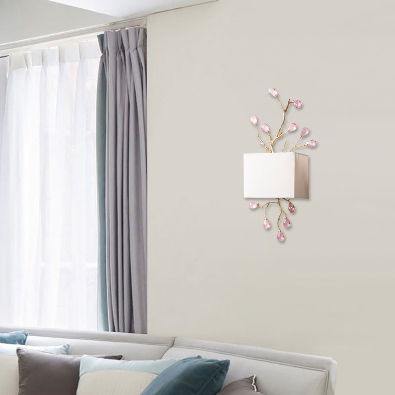White Fabric Squared Wall Mount Lamp Modernist 2 Lights Wall Sconce with Pink Crystal Accent