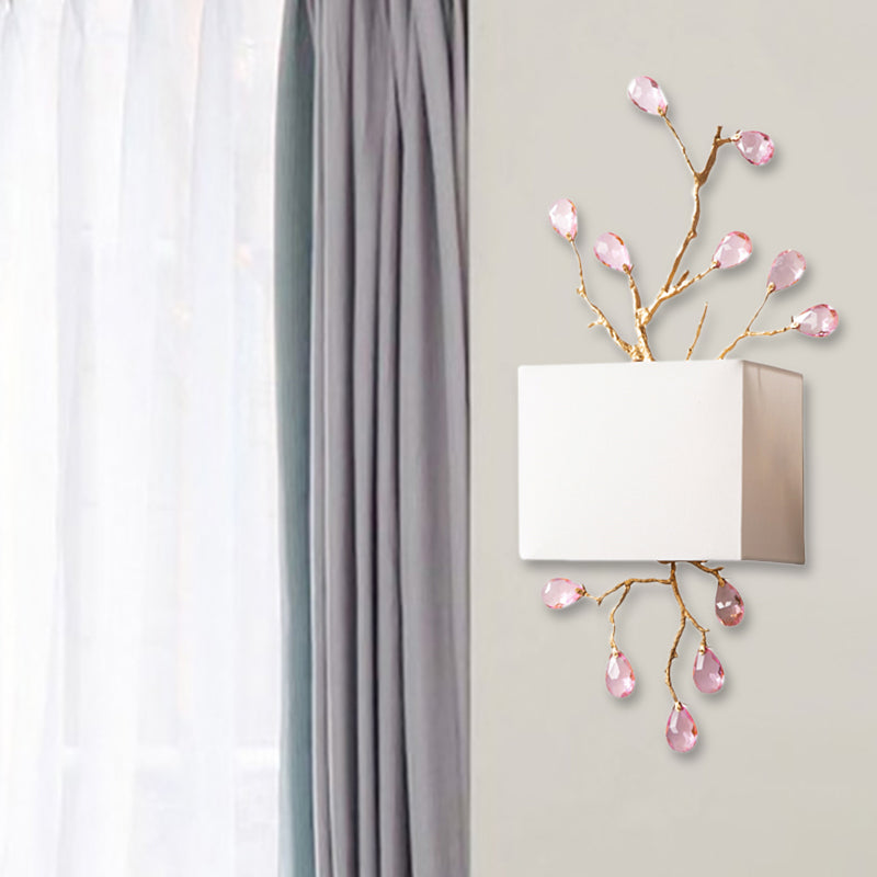 White Fabric Squared Wall Mount Lamp Modernist 2 Lights Wall Sconce with Pink Crystal Accent