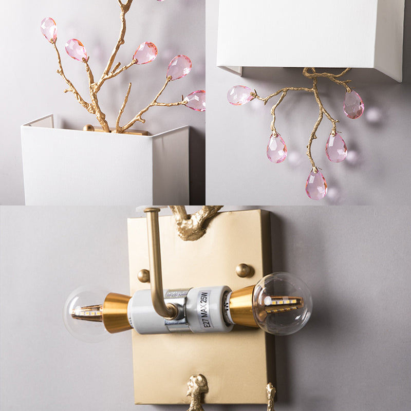 Tissu blanc carré lampe murale moderniste 2 lumières applique murale avec accent en cristal rose