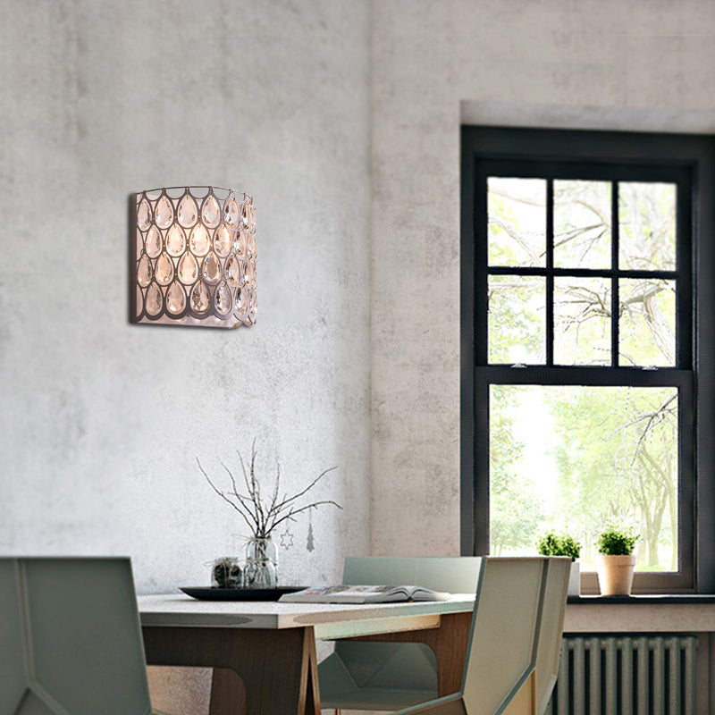 Clear Crystal Teardrop Wall Mounted Light with Cylinder Shade Contemporary 1 Light Wall Sconce in White