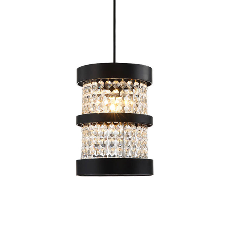 Black/Gold Cylinder Pendant Light Fixture Modernism Stylish Metal 1 Bulb Ceiling Light with Clear Crystal Beaded Strand