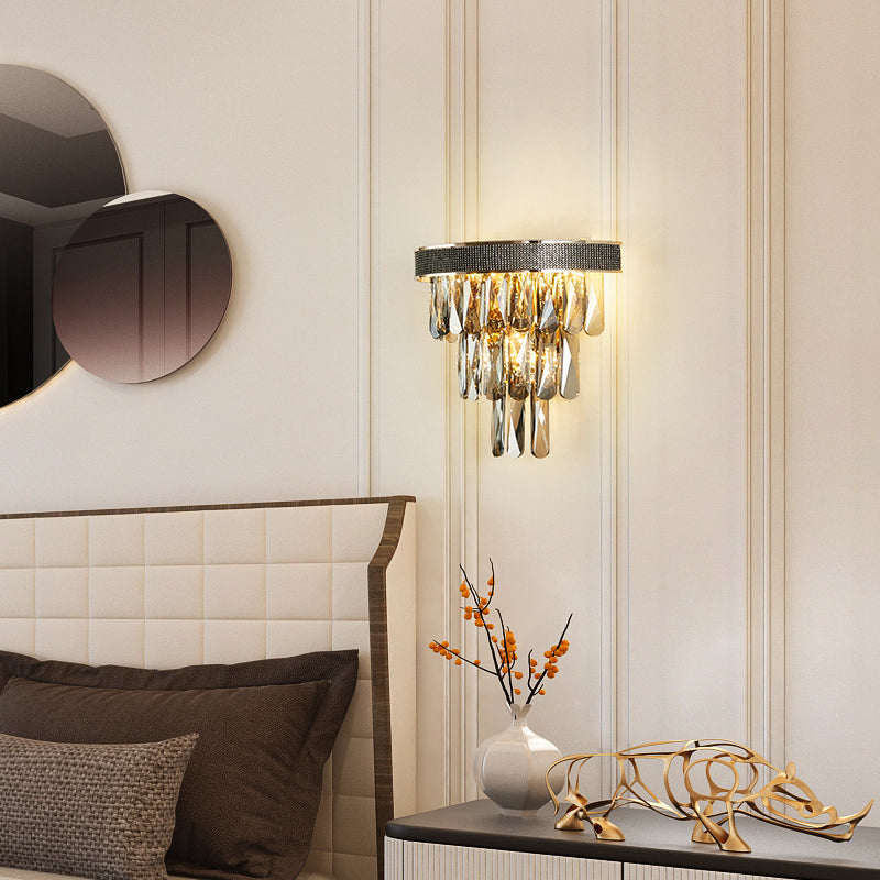 LED Tiered Wall Light Sconce with Crystal Block Modern Wall Lamp in Smoke Grey for Living Room