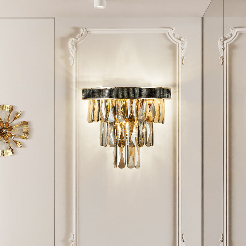 LED Tiered Wall Light Sconce with Crystal Block Modern Wall Lamp in Smoke Grey for Living Room