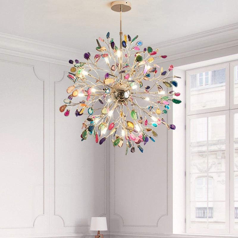 Gold Flower Shape Chandelier Light Contemporary Multi Lights Agate Hanging Ceiling Light
