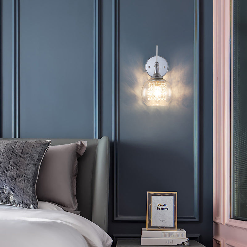1 Bulb Globe Wall Lamp Contemporary Clear Glass Wall Sconce with Inner Crystal Strand in Chrome Finish