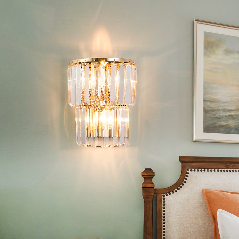 2 Tiers Crystal Block Wall Lamp Contemporary 2 Lights Wall Sconce Light in Clear for Dining Room