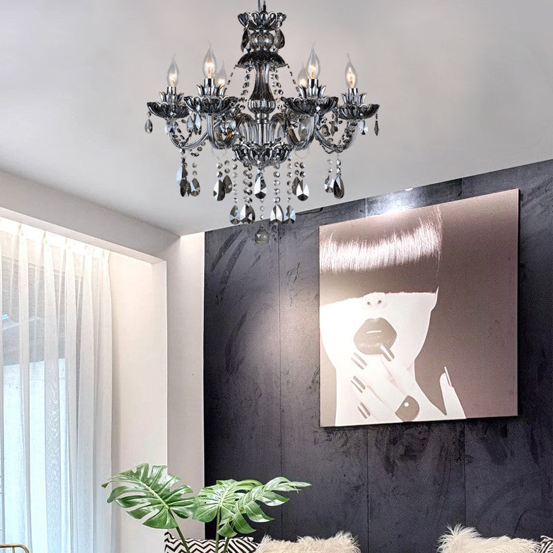 6/8 Lights Candle Chandelier Lighting Vintage Crystal and Glass Hanging Pendant Light with Curved Arm in Smoke Grey