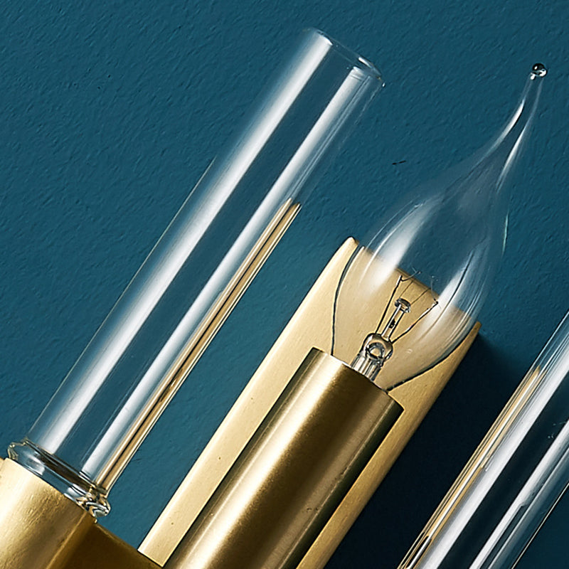 2 Bulbs Candle Wall Sconce Vintage Style Metal Sconce Lighting with Clear Crystal Pipe in Brass Finish