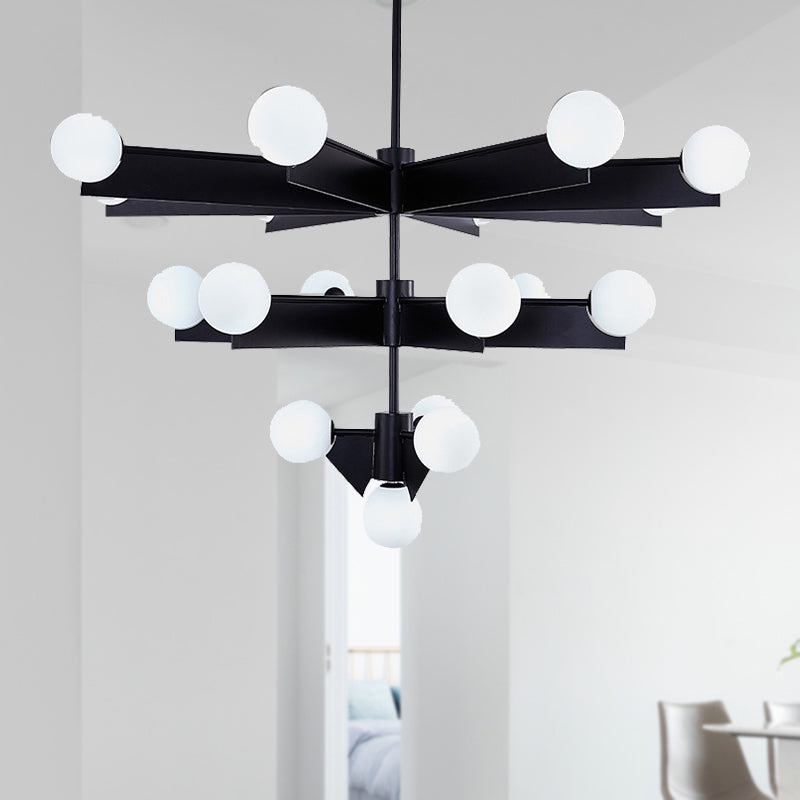 Black/Gold Finish Tiers Chandelier Lighting Modern 10/18 Lights Metal Hanging Light with Frosted Glass Ball Shade