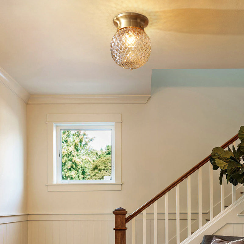 Éclairage encastré de cuisine à 1 lumière avec abat-jour en verre à prisme globe, plafonnier moderne doré