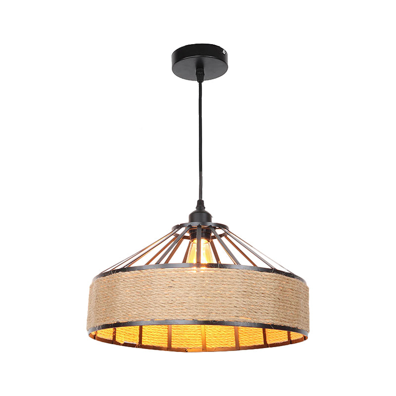 Drum Shade Rope Pendant Ceiling Light Vintage Style 1 Bulb Coffee Shop Hanging Light in Black