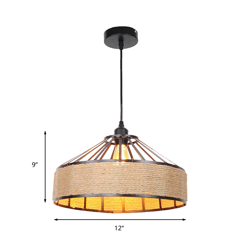Drum Shade Rope Pendant Ceiling Light Vintage Style 1 Bulb Coffee Shop Hanging Light in Black