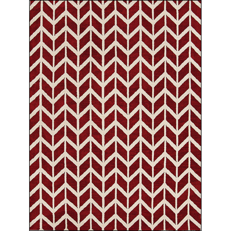 Simple Chevron Print Rug Red Polyester Rug Machine Washable Non-Slip Backing Area Rug for Bedroom