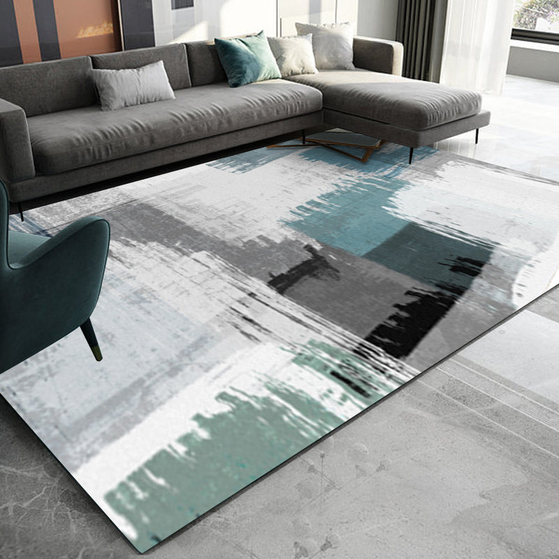 Blue and Grey Modern Rug Polyester Brushstroke Painting Print Rug Washable Non-Slip Backing Carpet for Living Room