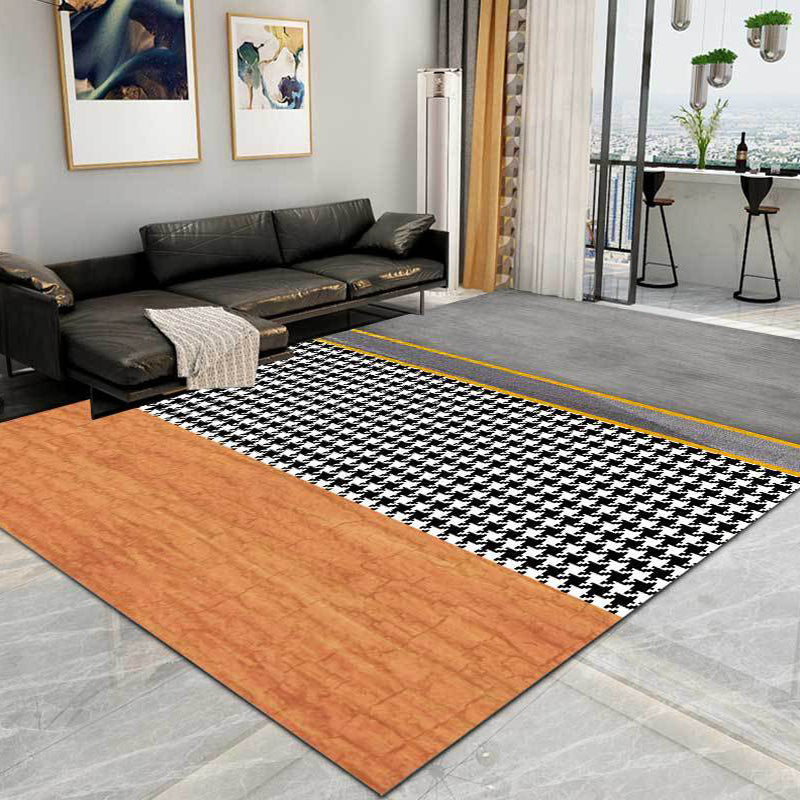 Modern Living Room Rug Multi-colored Colorblock Houndstooth Print Rug Polyester Machine Washable Area Rug