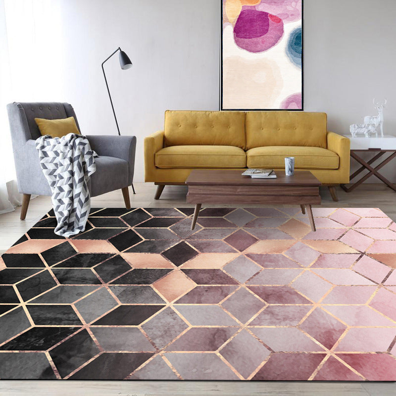 Pink Bedroom Rug Modern Geometric Hexagon Pattern Area Rug Polyester Stain-Resistant Washable Carpet