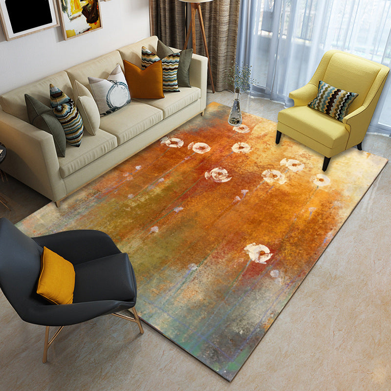 Orange Contemporary Rug Polyester Abstract Ombre Rug with Flower Washable Area Rug for Bedroom