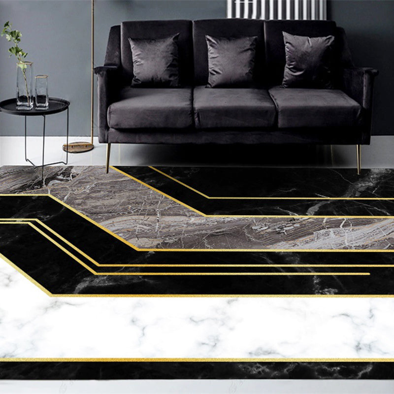 Nouveauté de tapis moderne en noir de couleur de couleur de marbre de marbre tapis de motif en polyester tapis lavable pour décoration domestique