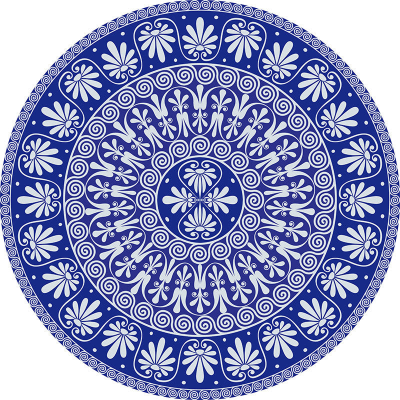 Blue Mediterranean Rug Flannel Floral Print Rug Washable Non-Slip Backing Area Rug for Living Room