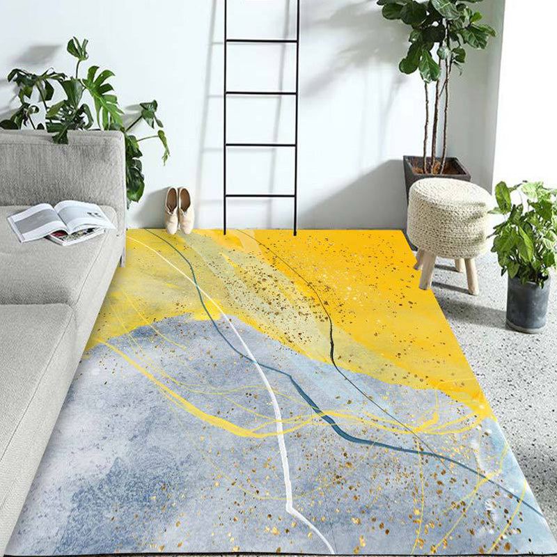 Contemporary Abstract Colorblock Rug Grey and Yellow Polyester Rug Washable Non-Slip Backing Area Rug for Living Room