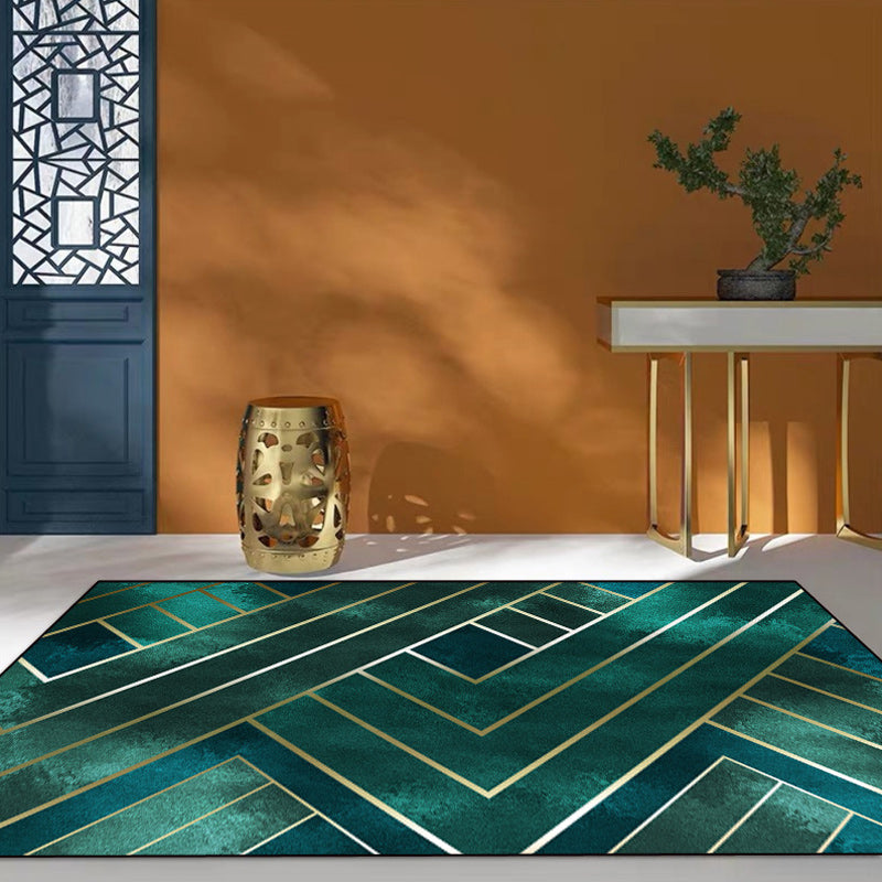 Classic Geometric Pattern Rug Green Contemporary Rug Polyester Washable Anti-Slip Backing Area Rug for Living Room