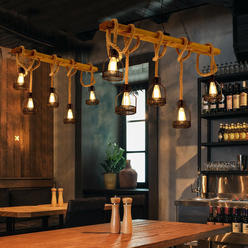 5 Heads Hanging Light Retro Industrial Wire Cage Metal Island Lighting with Adjustable Rope in Brown