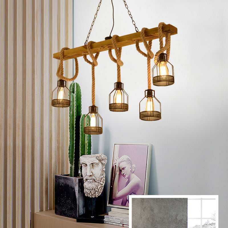 5 Heads Hanging Light Retro Industrial Wire Cage Metal Island Lighting with Adjustable Rope in Brown